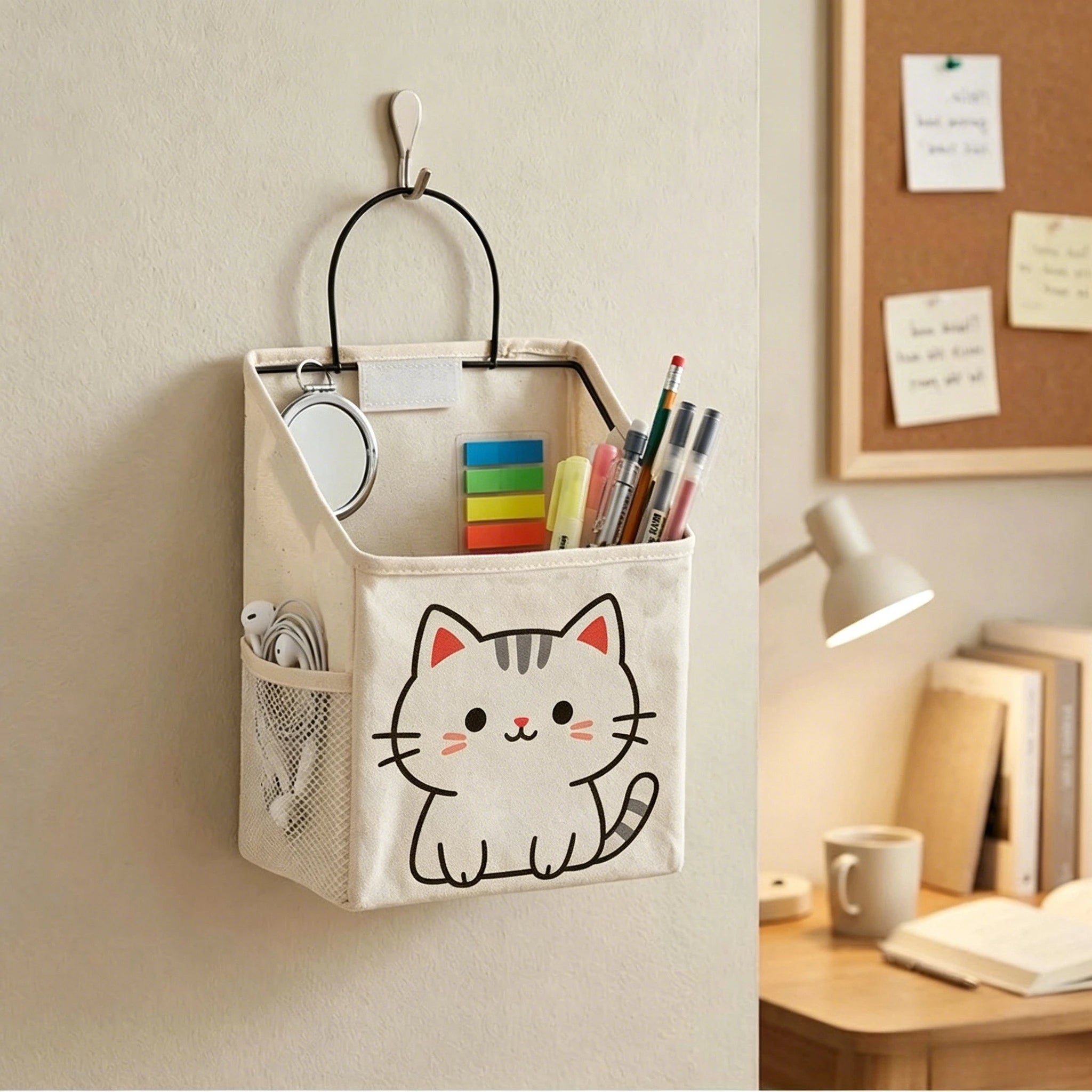 Wall Mount Fabric Storage Basket Large Cute Kitten Print Multifunctional Space Saving Basket For Bathroom Plants Towels Tools Oasis Select