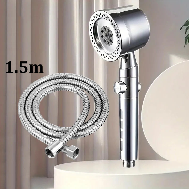 New High Pressure Water Saving Filter Shower Head 5 Modes Handheld Shower Head One Button Stop Bathroom Accessories Set Oasis Select Silvery-1.5m