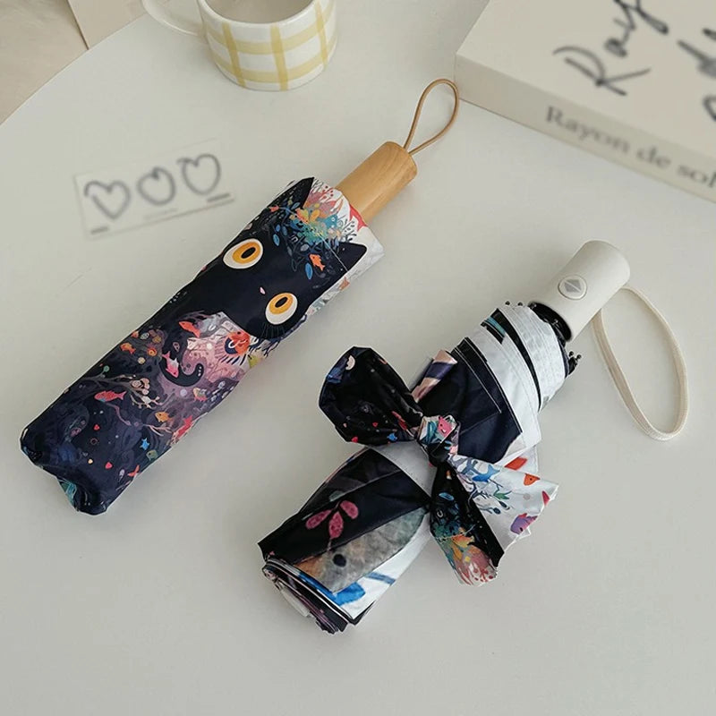 Cute Cartoon Fish and Cat Folding Umbrella Sun Protection Rain-proof UV Protection Umbrella Fully Automatic Sun Umbrella Oasis Select
