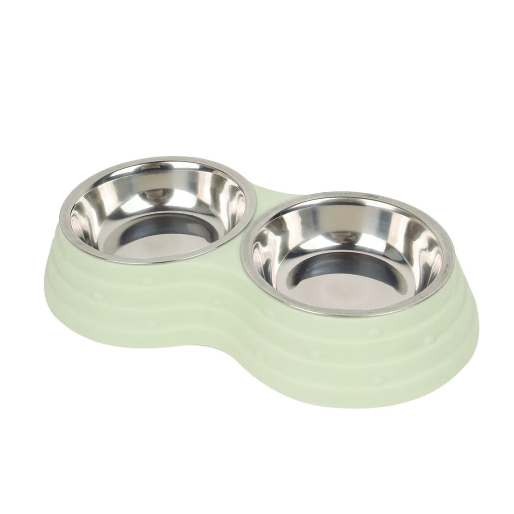PP Material Pet Feeding Bowl Stainless Steel Large Capacity Dog and Cat Drinking Water and Eating Double Bowl Non-Slip Feeding Oasis Select green-1pcs S