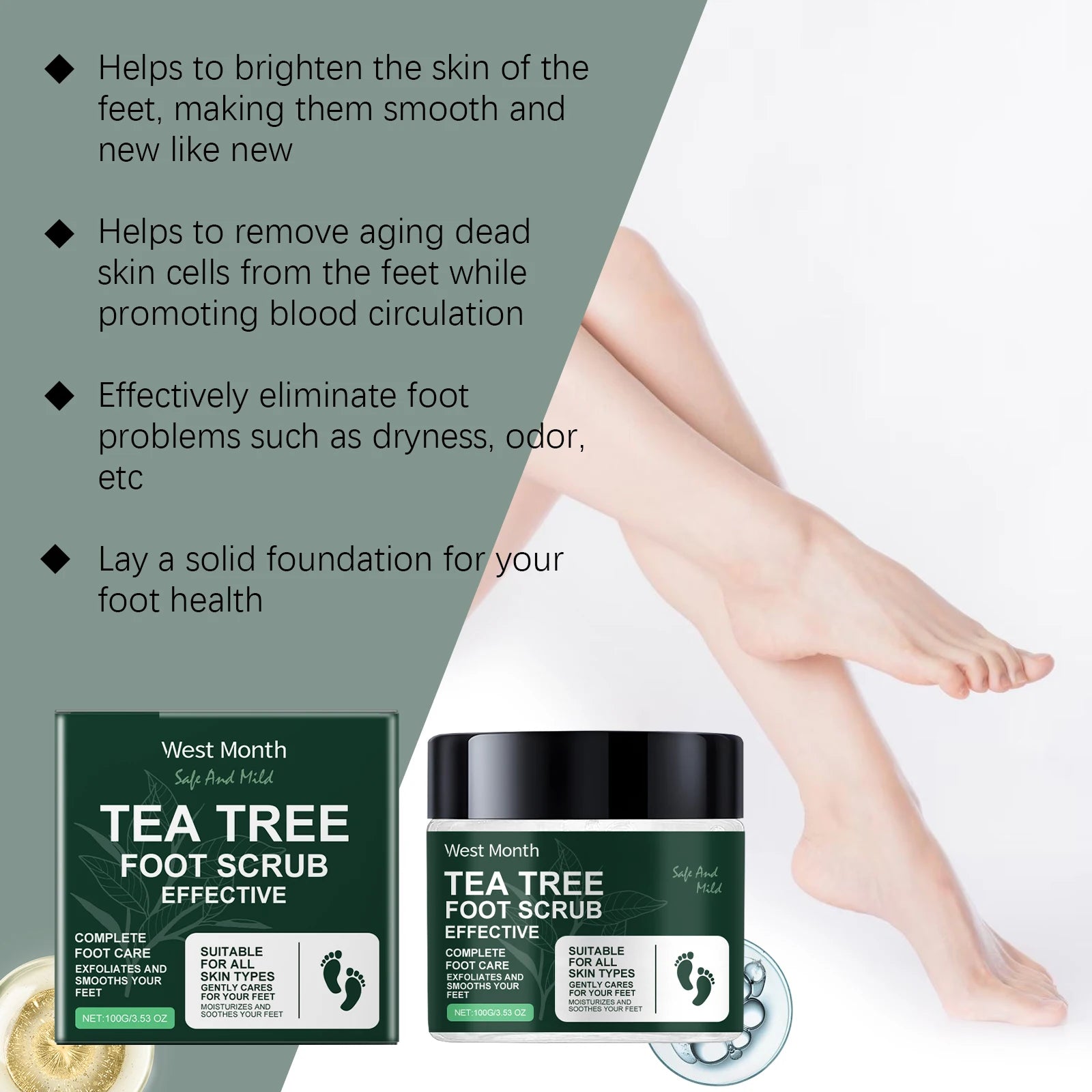 Exfoliating Tea Tree Foot Scrub Helps Remove Dead Skin Soften Rough Dry Feet Skin Cleansing Moisturizing Smooth Cracked Heels Oasis Select