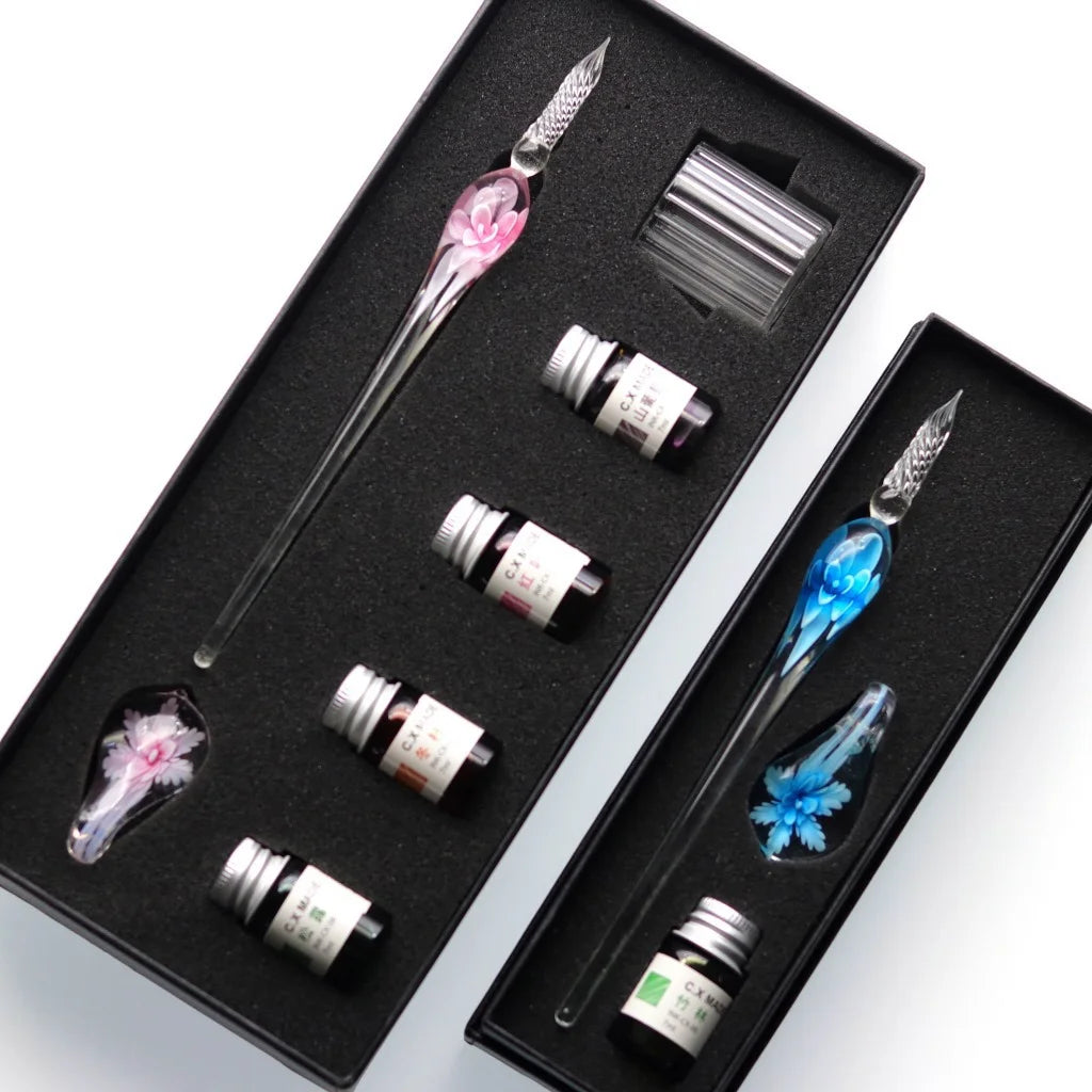Embedded Flower Glass Pen Set Starry Sky Gold Powder Color Ink Dip in Water Pen Gift Box for Friends and Students as Gift Pen Oasis Select