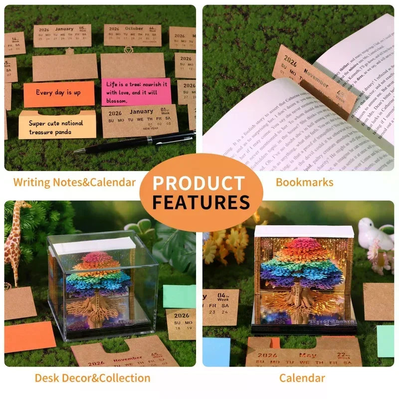Time Piece Calendar 2026 Desk Calendar With LED Light 3D Tear-away Calendar Paper Carving Art Memo Pad Notepad Gift Christmas Oasis Select