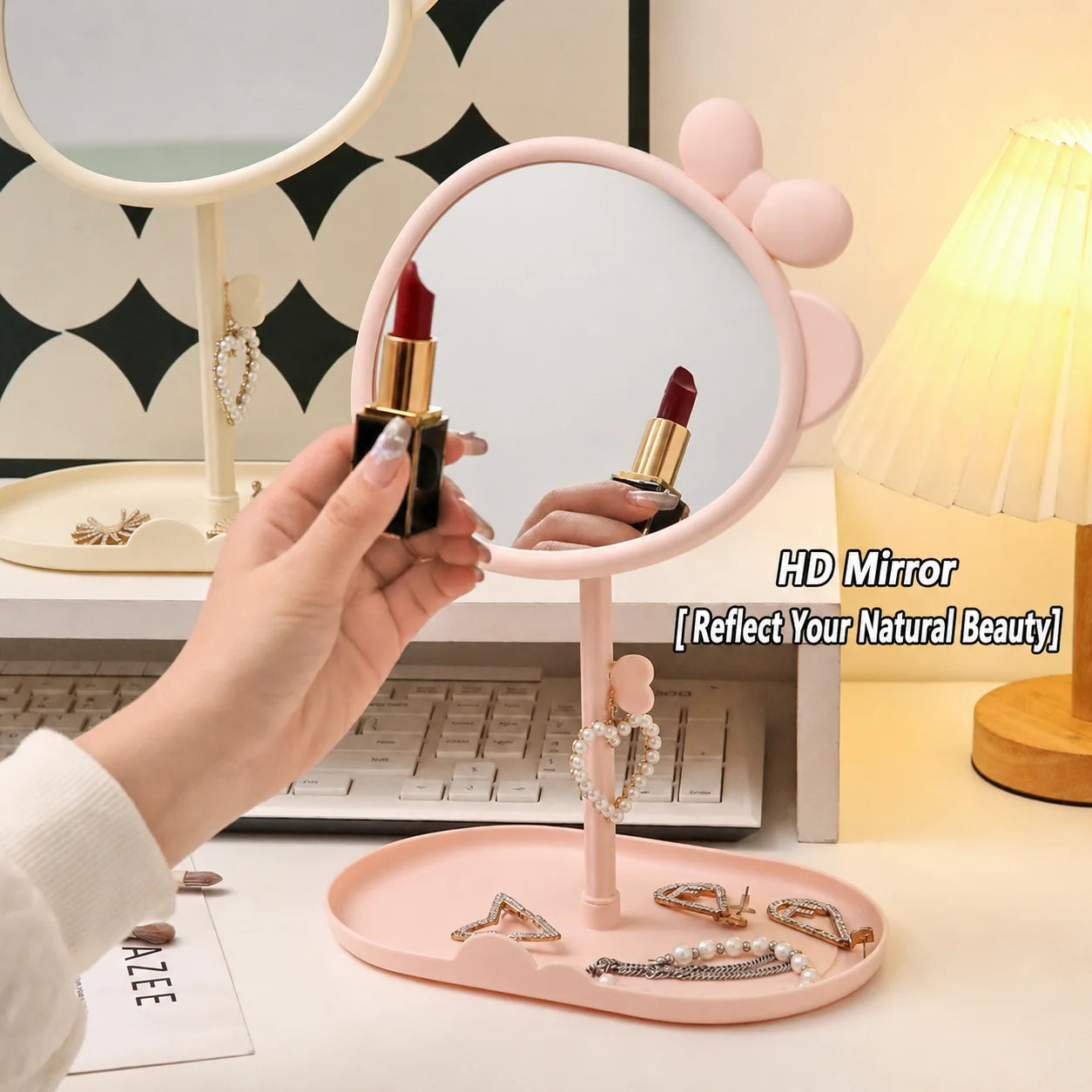 Cute Bowknot Desk Vanity Mirror with Storage Tray | 360°