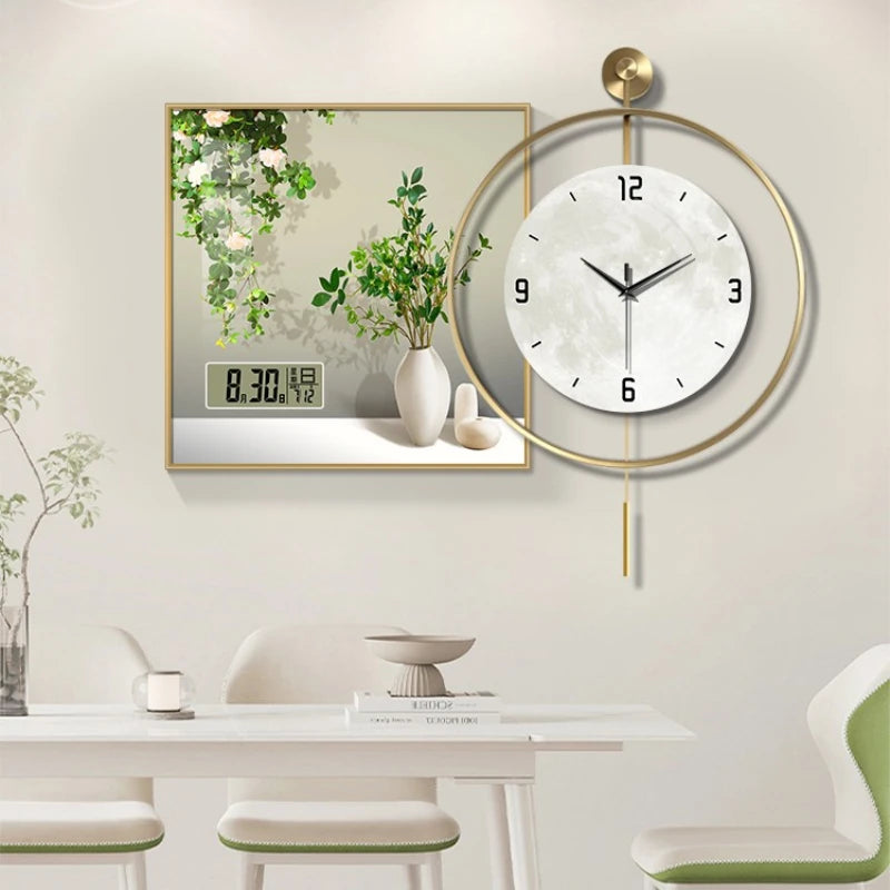 Simple Green Plant Perpetual Calendar Electronic Clock Guest Restaurant Decorative Painting Iron Combination Wall Clock Oasis Select
