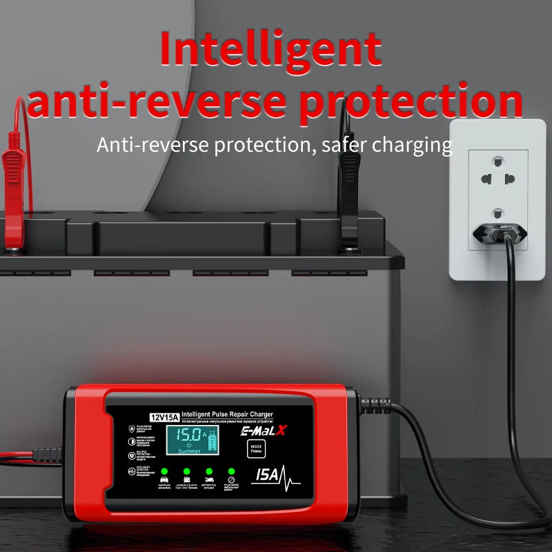 12V 15A Smart Pulse Repair Charger 14.6V Lifepo4 Battery Charger Digital Display Battery Charger For Lead Acid AGM GEL Battery Oasis Select