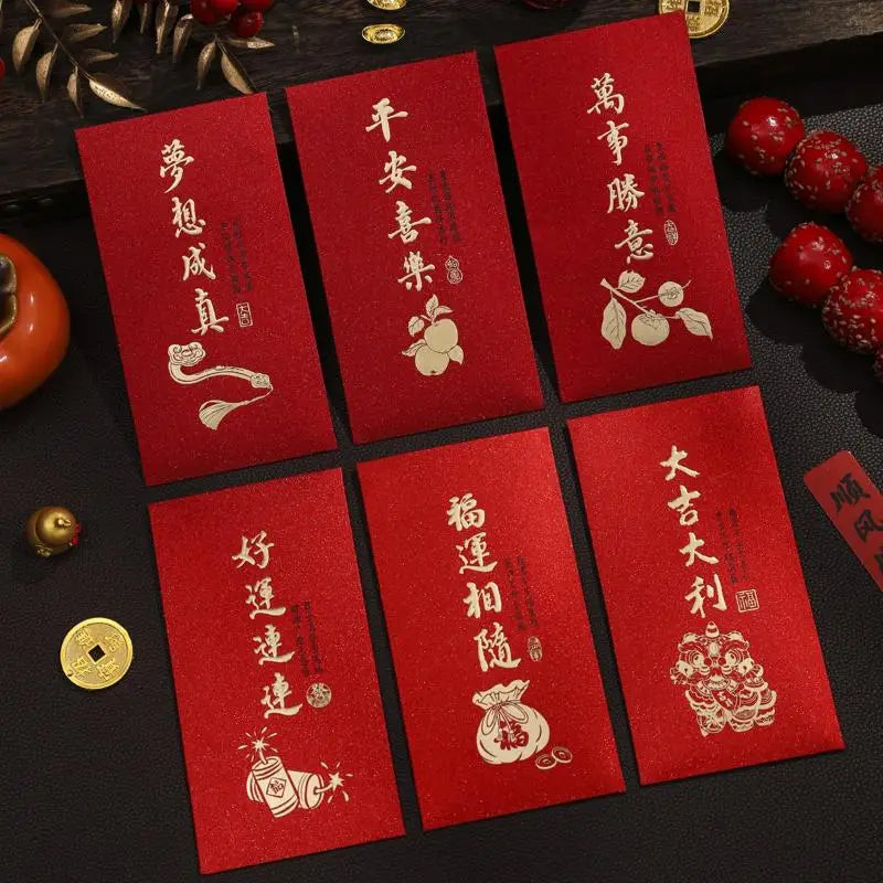 6 Pcs Chinese New Year Red Envelope Best Wishes Chinese Style Hot Stamping Bronzing Red Pocket Wedding Party Decorations Oasis Select A12