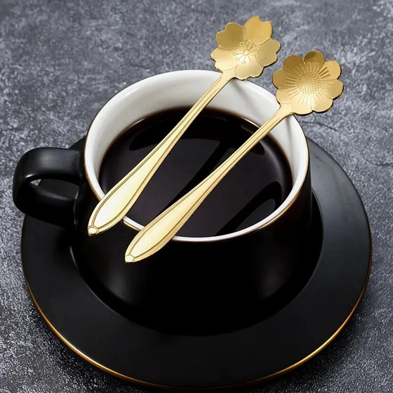Stainless Steel Cherry Flower Gold Scoop Coffee Spoon Gift Kitchen Dessert Tea Replacement Tableware Decoration Set 13Cm Oasis Select