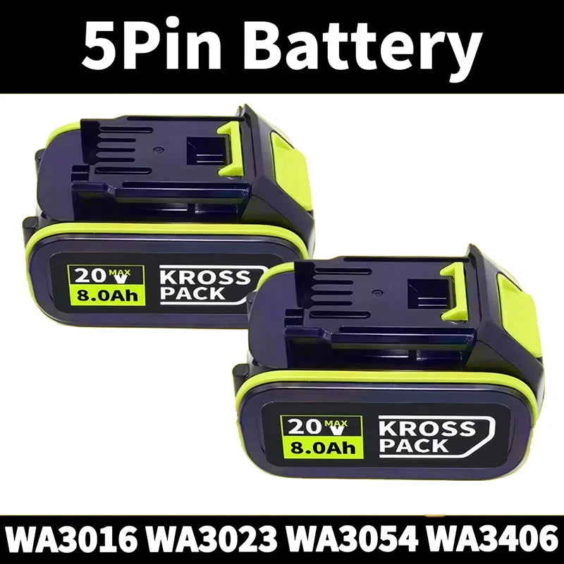 WORX 20V High-Capacity Li-Ion Rechargeable Battery 6.0Ah/8.0Ah Compatible with WA3551 WA3551.1 WA3553 WA3641 WX373 WX390 Tools Oasis Select A-5Pin-8.0Ah (2pcs)