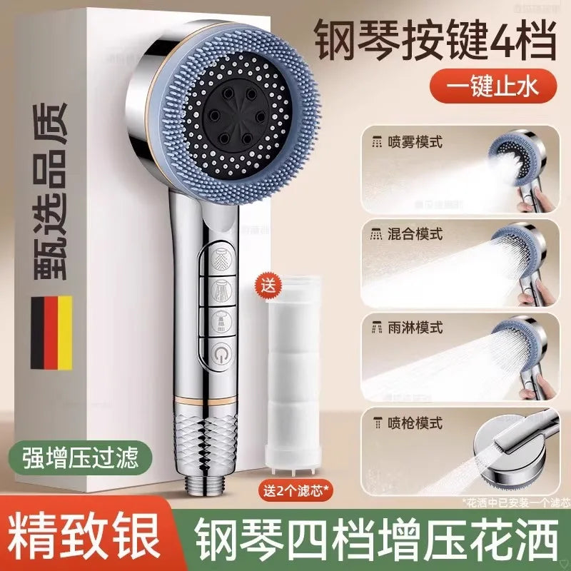 1pc Filtered Supercharged Shower Head Four-speed Adjustment With Water Seal Multi-functional Home Shower Bathroom Accessories Oasis Select Sliver Shower