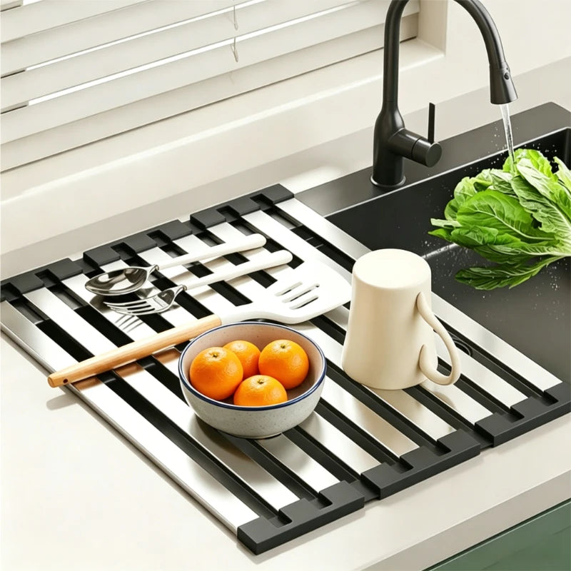 304 Stainless Steel Kitchen Sink Drain Rack Foldable Dish Drainer Rack Rack Sink Bowl and Dish Storage Rack Drying Storage Shelf Oasis Select