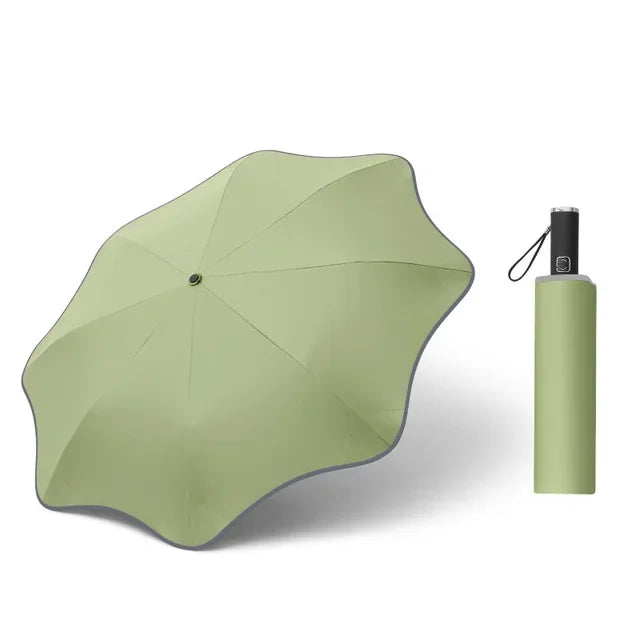 Creative Three Fold Automatic Round Corner Reflective Umbrella Wrapped Edge Sunny Rain Dual Use Vinyl Umbrella Oasis Select Light green 8K metal-fiber composite