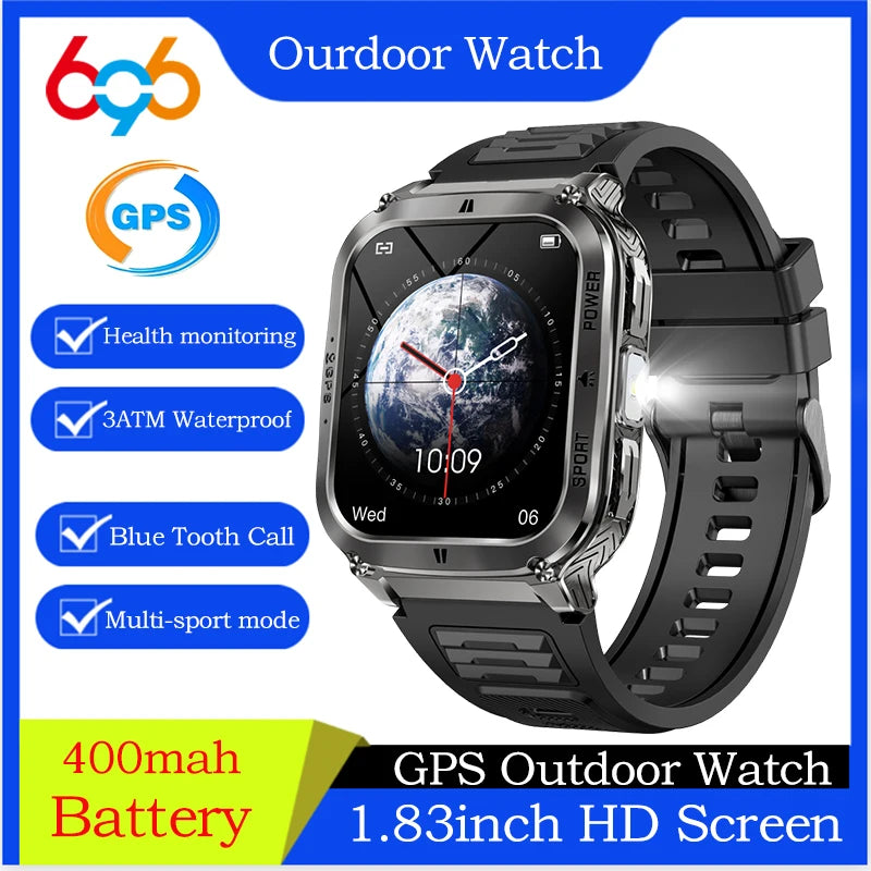 GPS Smartwatch Sports Fitness Outdoors Smart Watch 3ATM Waterproof 1.83" Music Blue Tooth Call LED Flashlight Heart Rate Health Oasis Select