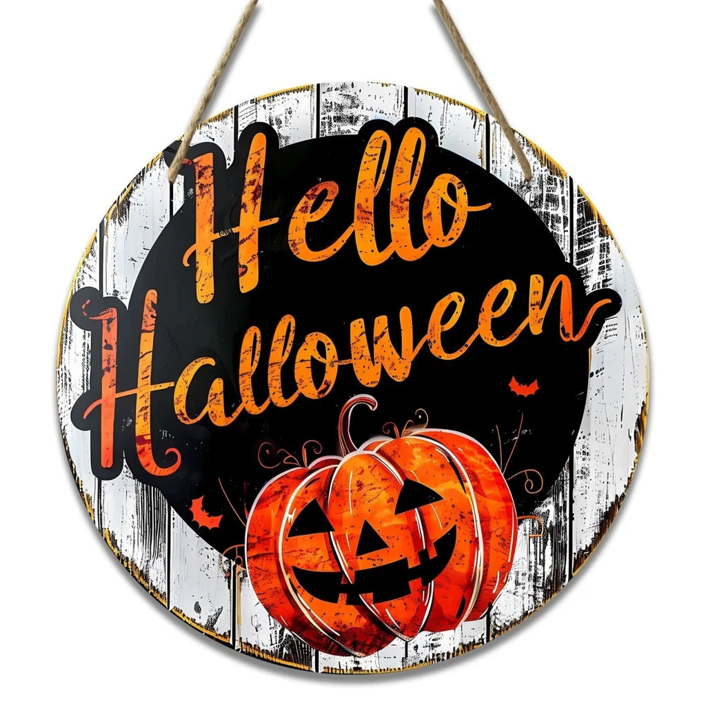 Halloween Wooden Wreath Logo Retro Pumpkin Head Horror Art Decoration Home Garden Courtyard Wooden Hanging Pendant Outdoor Props Oasis Select Style 17