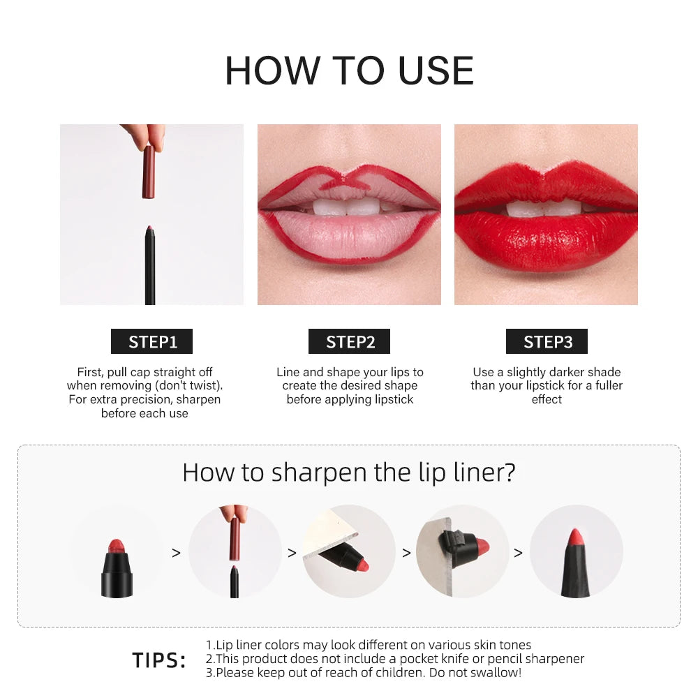 12 Colors Matte Lipliner Pencil Red Contour Tint Lipstick Waterproof Long Lasting Non-stick Cup Moisturising Lips Makeup Oasis Select