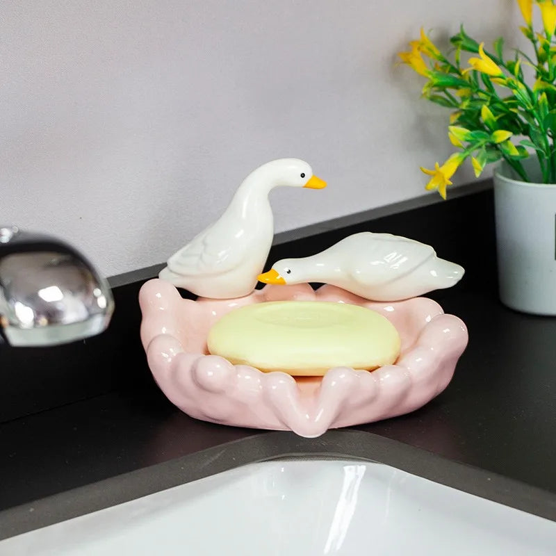 1pc Cute Duck Ceramic Soap Dish Decorative Soap Holder Craft Ornament Bathroom Counter Washroom Daily Storage Decor Accessory Oasis Select