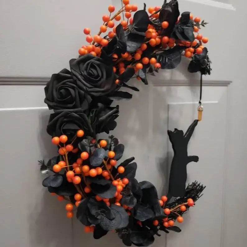 Halloween Gothic Rose Moon Cat Wreath Halloween Door Decoration Crystal Moon Wreath Oasis Select