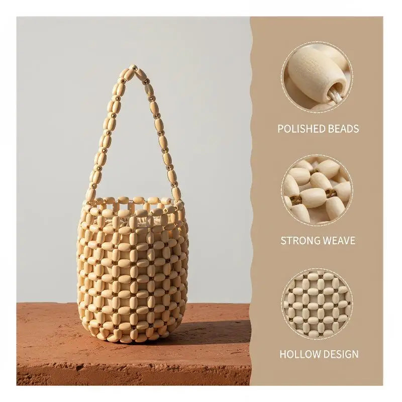 Retro Handmade Wooden Bead Woven Bucket Bag Creative Handbag Women Mini Hollow Bucket Bag Summer Wrist Bag Oasis Select