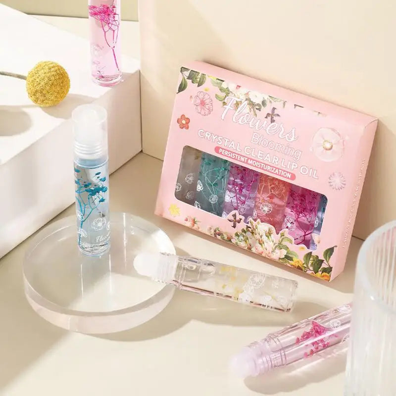 Flower Roll-On Lip Oil Set – Crystal Clear Gloss 6pc Lip Oil Gloss Set Oasis Select