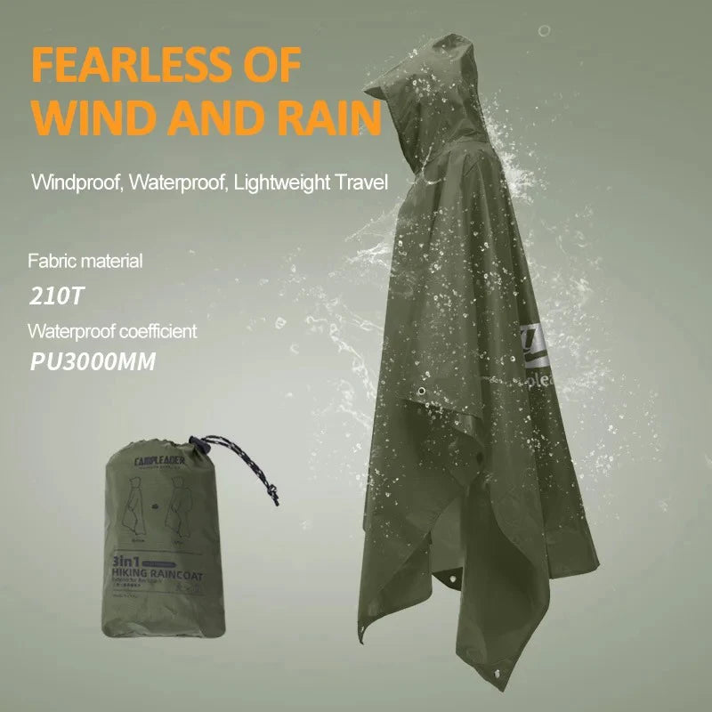 3-in-1 outdoor rain poncho is a waterproof multi-functional PU rain poncho suitable for hiking trekking camping and travel. Oasis Select