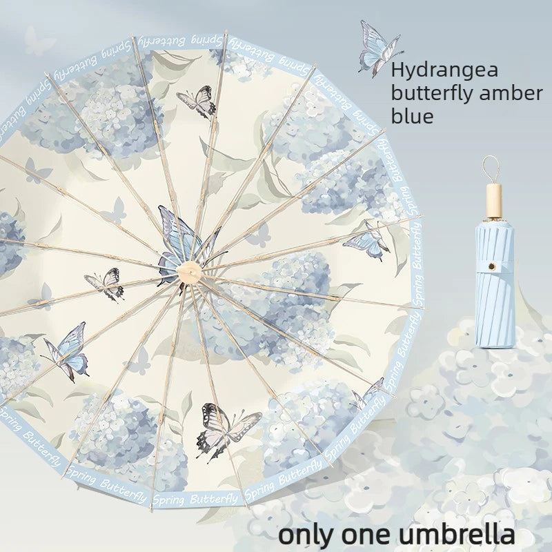 6 Ribs Reinforced Large Folding Umbrella Dual-purpose Sun Rain Umbrella UV Protection Sun Parasol for Women Oasis Select Butterfly Aluminum 16K