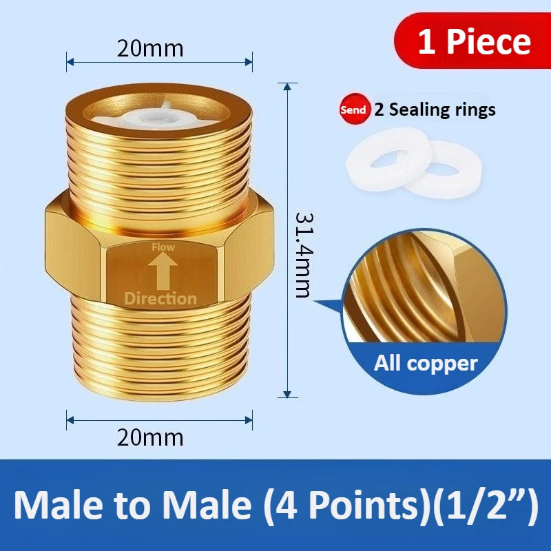 Copper One-way Check Valve 4 Points 1/2 "Anti Backflow Water Return Bathroom Water Pipe Toilet Water Heater Meter Oasis Select Male to Male Full copper 4 points
