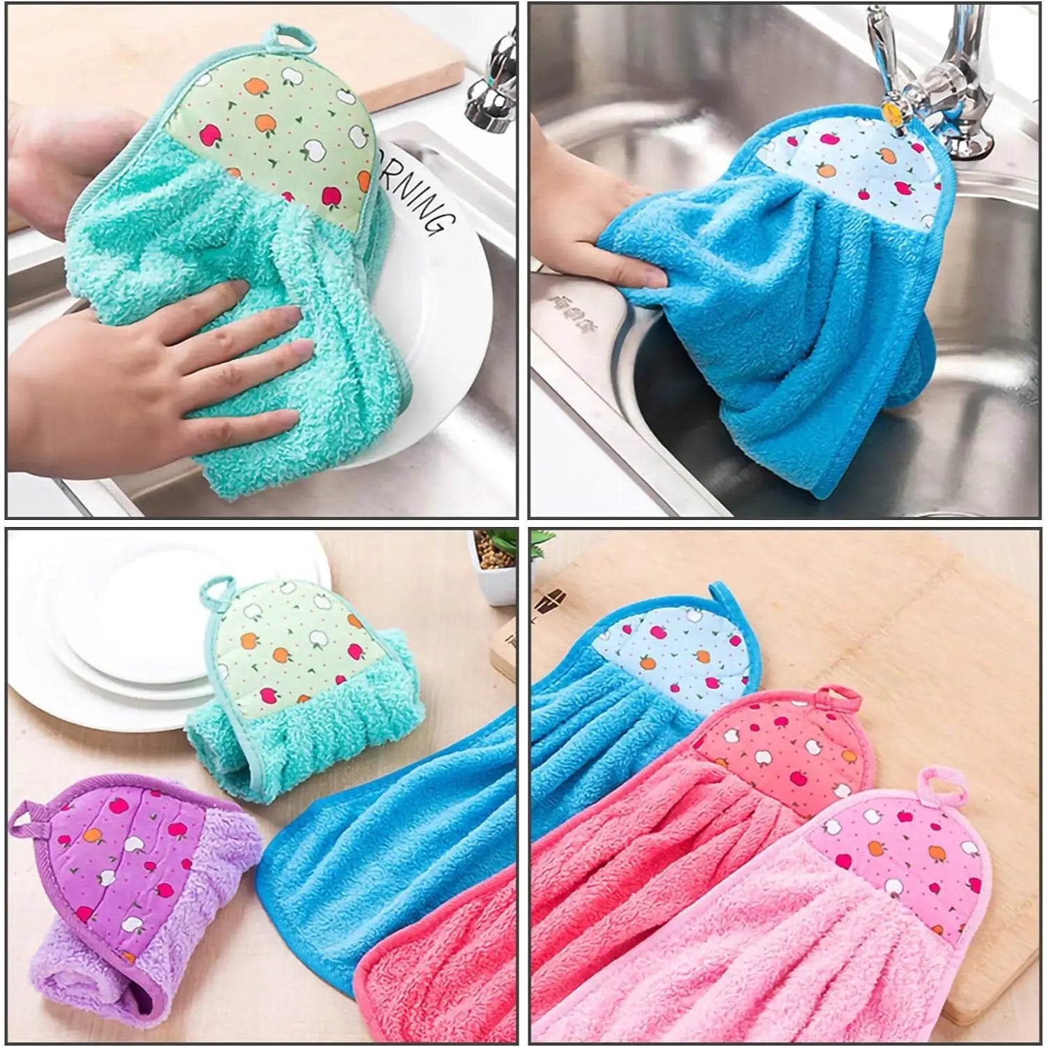 4pcs Wipe Hands Towels，Household necessities，Kitchen, bathroom，Quick Dry Wall-Mounted Soft Plush Loops Cleaning Cloths，Lovely Oasis Select