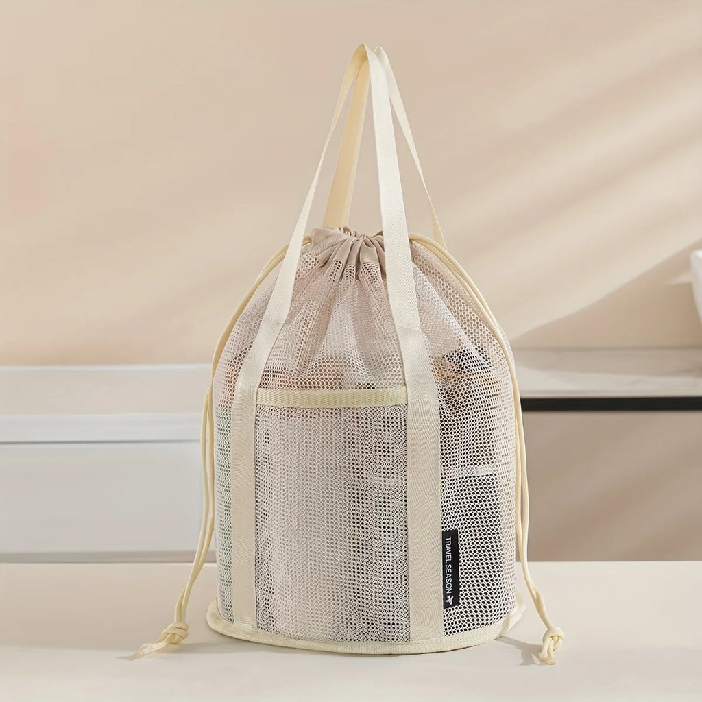 Large-capacity Drawstring Mesh Beach Bag Storage Pouch, Can Be Worn As A Shoulder Bag or Carried By Hand Oasis Select beige