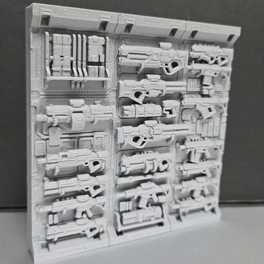 Sci-Fi Weapon Wall Panel Model - Cyberpunk Gun Rack Terrain, Industrial Tech Diorama Base for Miniature Scenery Oasis Select