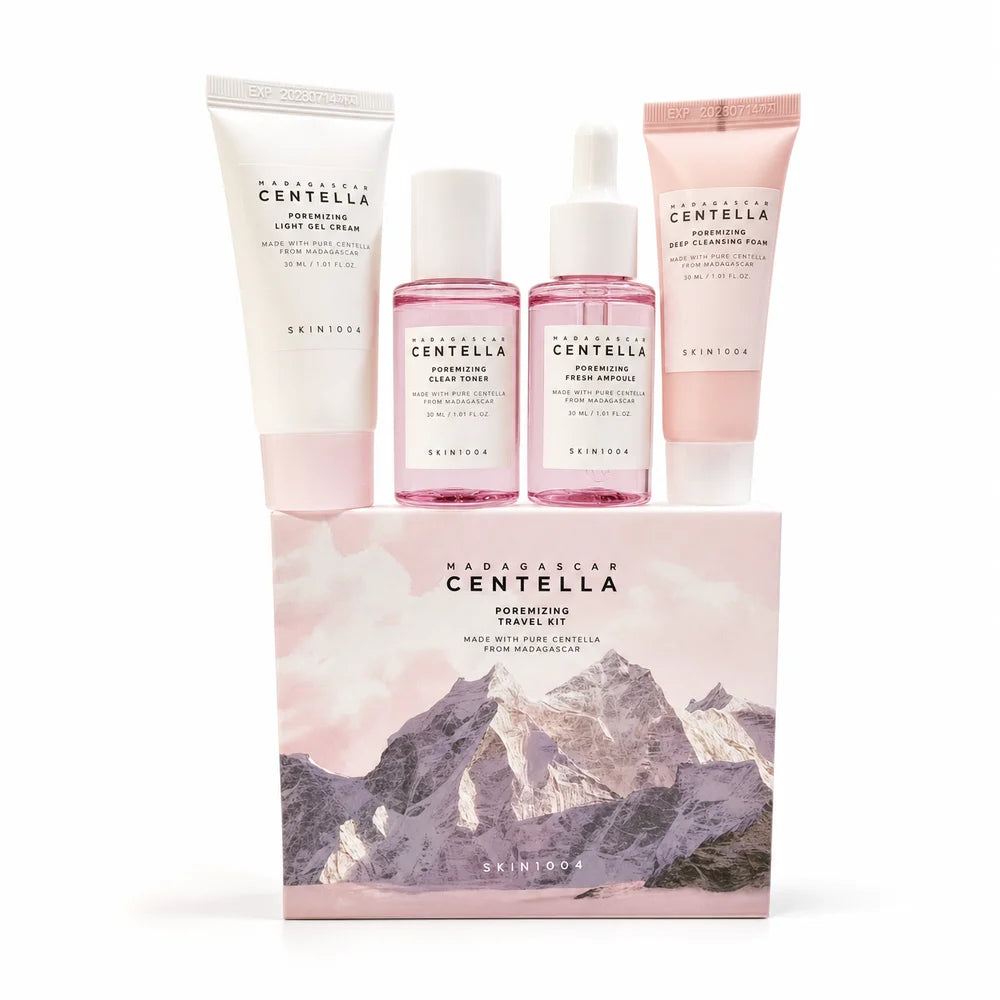 Centella Hyalu-Cica and Poremizing Travel Kit,Toner, Ampoule Serum,Face Moisturizer Cream and Night Sleeping Pack Mini 4pcs Set Oasis Select pink set