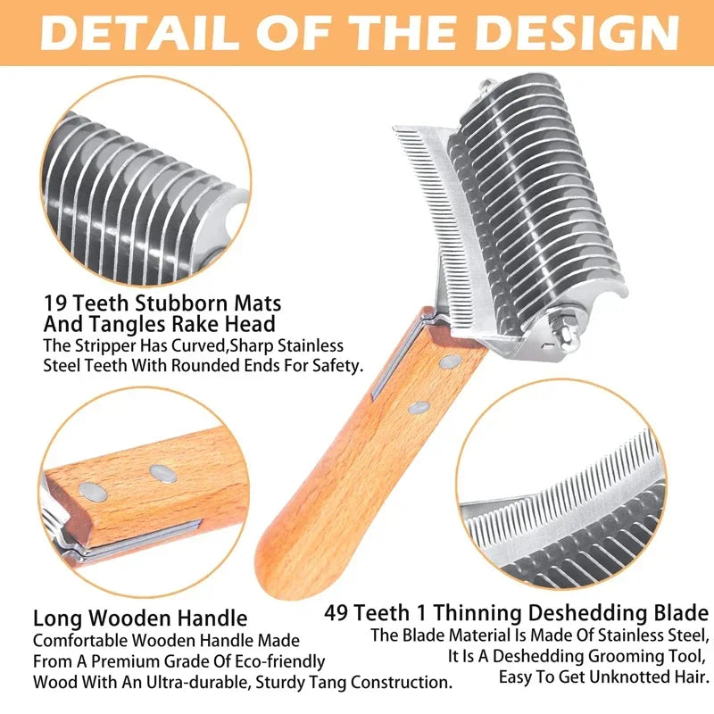 3-in-1 Deshedding Dog Rake BrushComfortable Handle Dematting Comb Removes Hair Tangle Rounded-end Blade Oasis Select