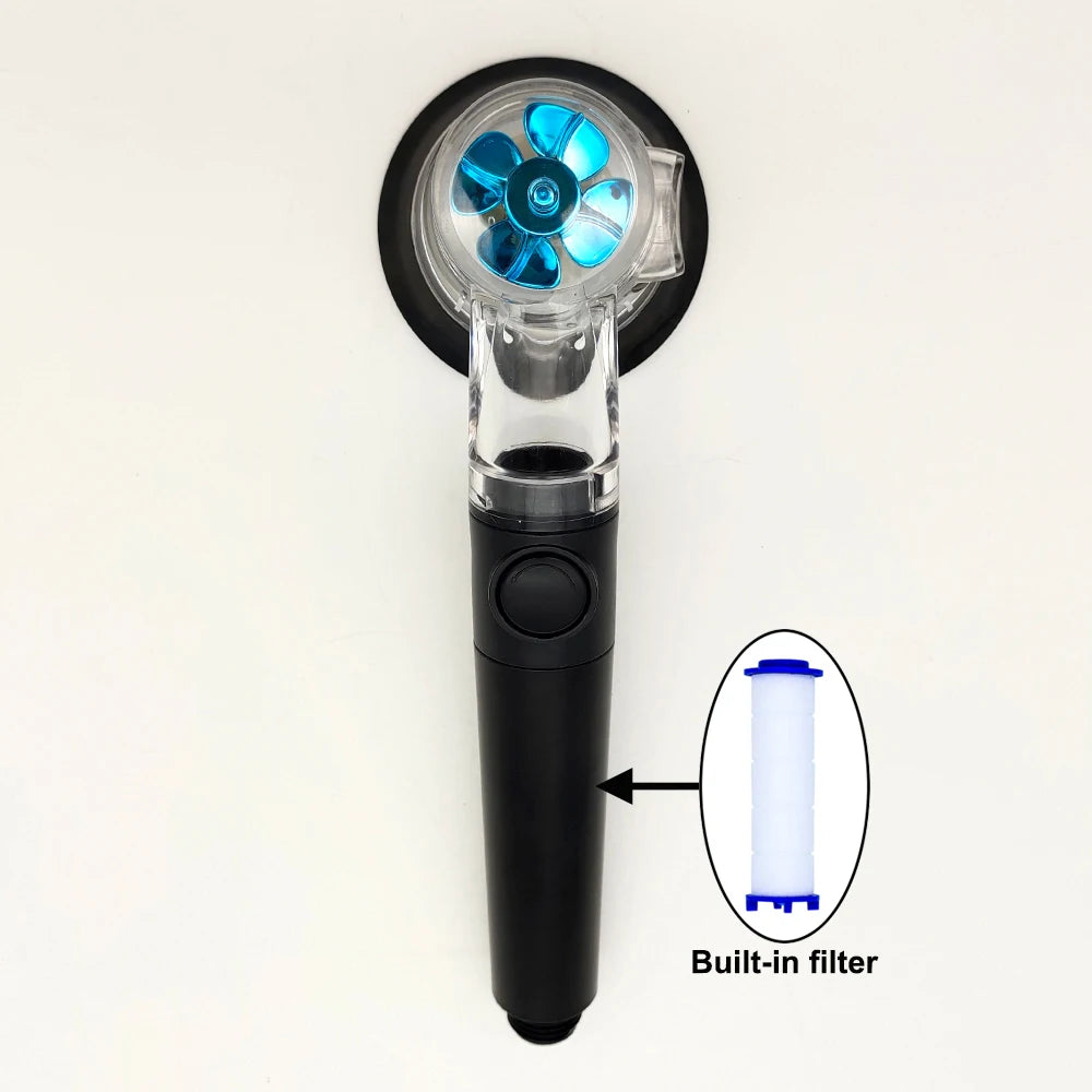 New Propeller Driven Fan Shower Head with Stop Button and Cotton Filter Turbocharged High Pressure Handheld Shower Nozzle Oasis Select Black Blue