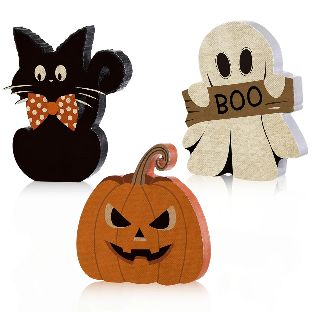 Three-piece Halloween wooden table decorations, black cat, pumpkin and ghost, for the center of the party table decoration Oasis Select 3pcs