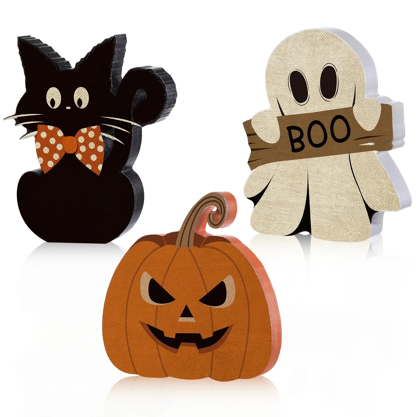 Three-piece Halloween wooden table decorations, black cat, pumpkin and ghost, for the center of the party table decoration Oasis Select 3pcs
