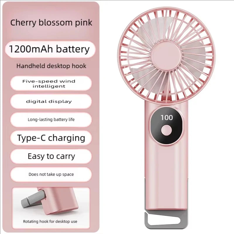 5 Speed Adjustable Handheld Fan LED Digital Display 13500RPM High Speed 1200mAh Rechargeable Portable Pocket Fan With Carabiner Oasis Select pink