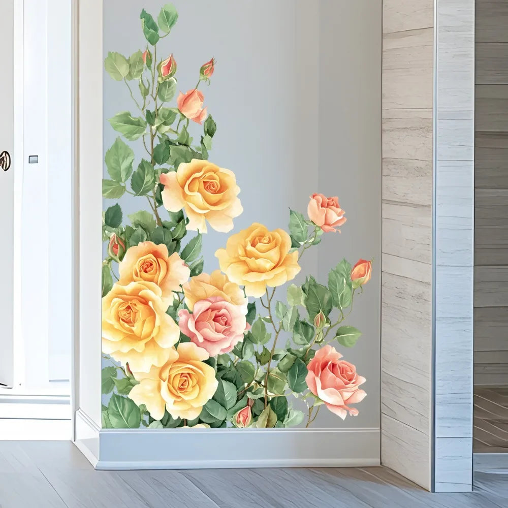 Vibrant Hand Drawn Rose Floral Self Adhesive Wall Murals Suitable for Bedroom Living Area Household Wall Background Decor Oasis Select