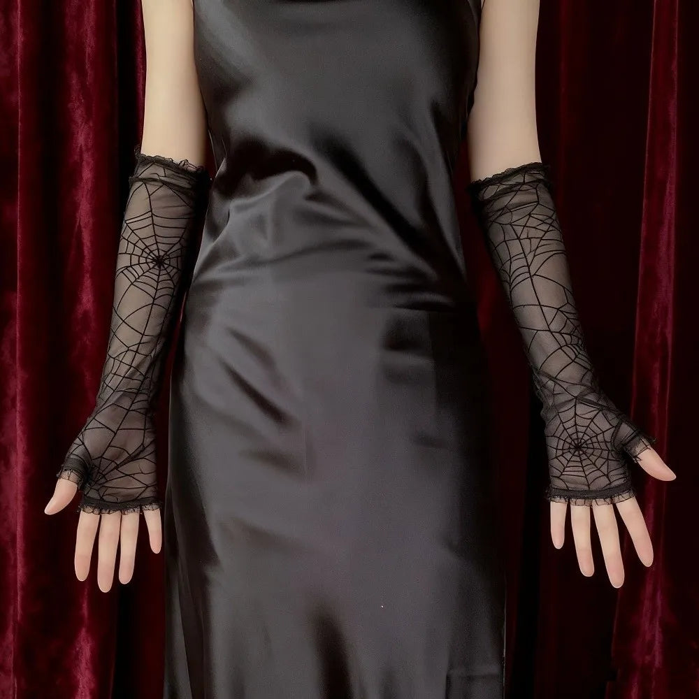 Fashion Spider Web Lace Fingerless Gloves Half Finger Mesh Mittens Lace Long Arm Sleeves Ruched False Cuffs Cosplay Party Oasis Select