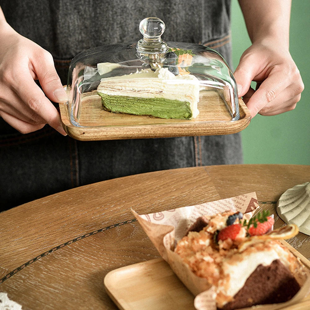 Bamboo Cake Stand with Transparent Lid | Large Dessert Tray