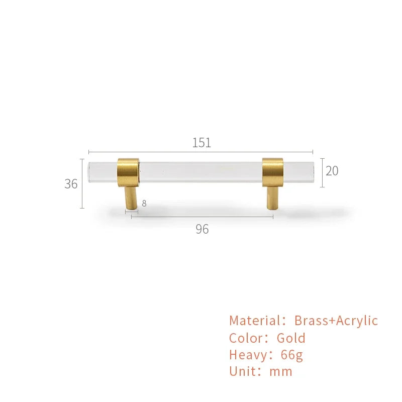 Brass Transparent Furniture Handles Modern Minimalist Acrylic Silver Gold Wardrobe Cupboards Dresser Drawer Kitchen Knobs Oasis Select A2-96mm