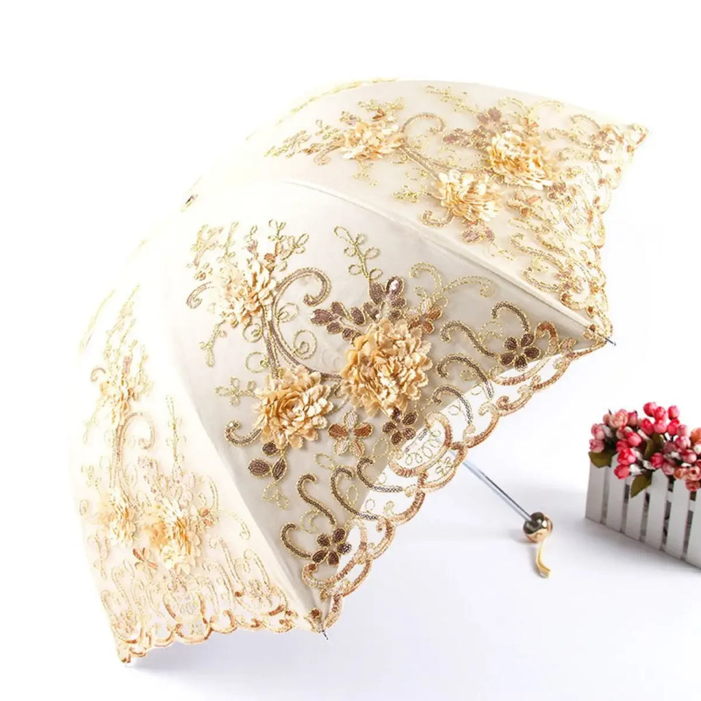 Folded Retro Embroidered Lace Double Layer Vinyl Three-fold Umbrella Wedding Umbrella Oasis Select yellow 8K iron