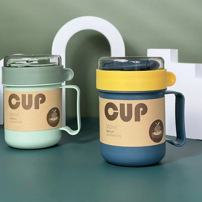 500ML Portable Breakfast Cups Oatmeal Cereal Nut Yogurt Salad Cup with Lid Spoon School Lunch Box Microwave for Kitchen Tools Oasis Select