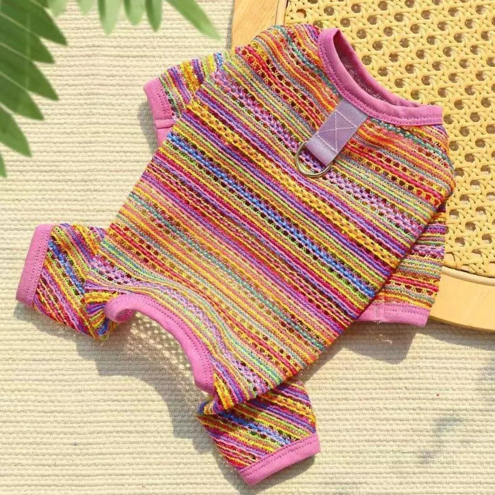 Colorful Stripes Dog Sun Protection Clothes Breathable Mesh Thin Dog Cooling Jumpsuit Soft Fabric With D-Ring Pet Clothes Oasis Select Purple S