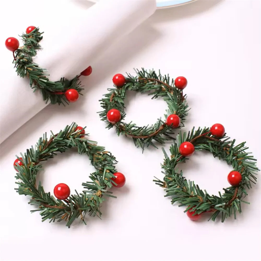 6-Pack Red Fruit Pine Needle Napkin Rings | Holiday Table Decor