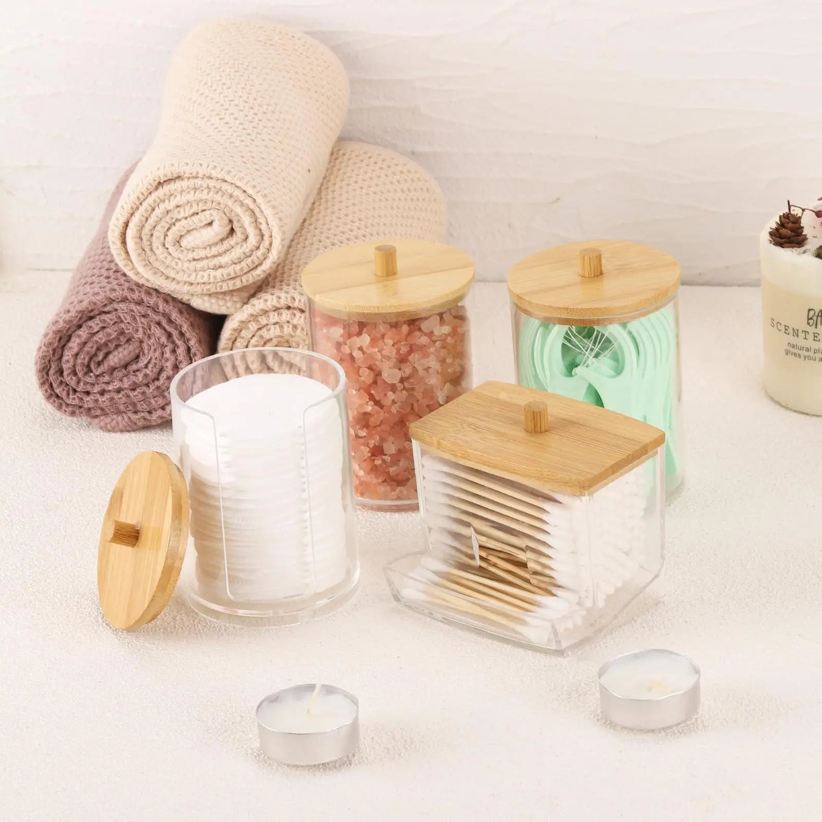 4 Pack Cotton Swab Holder Dispenser, Apothecary Jars Restroom Bathroom Containers for Floss, Cotton Ball, Cotton Swab Oasis Select