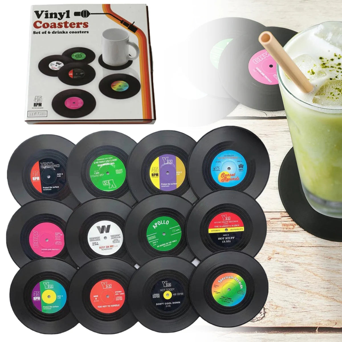 12 PCS Vinyl Record Coasters Non Slip 4.1 Inch Cup Mat Retro Music Bar Kitchen Home Decor Gift DJ Audio New 2026 Oasis Select