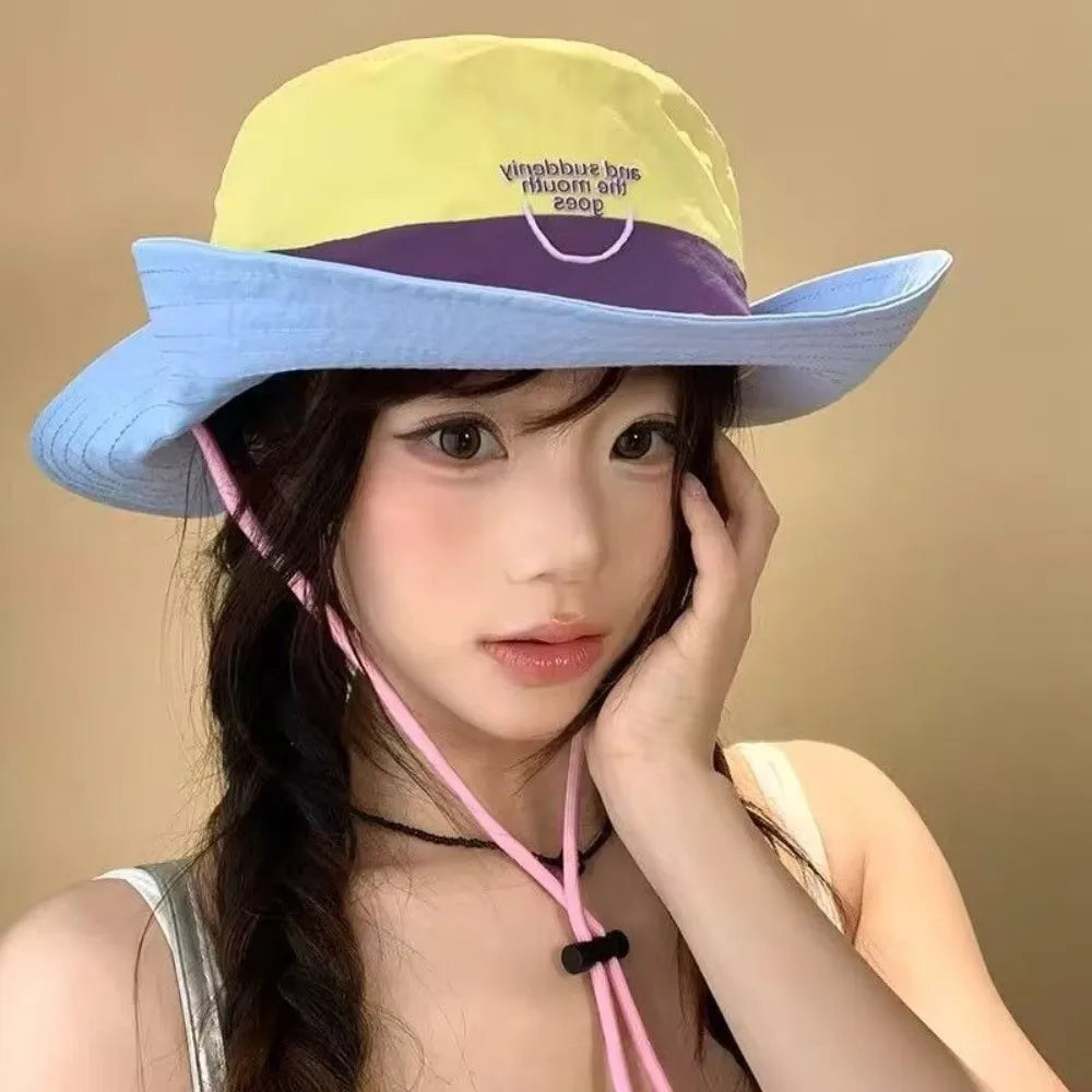 New Retro Big Brim Bucket Hat Quick-drying Lightweight Sun Protection Hat Dopamine Color Hiking Cap Summer Outdoor Oasis Select