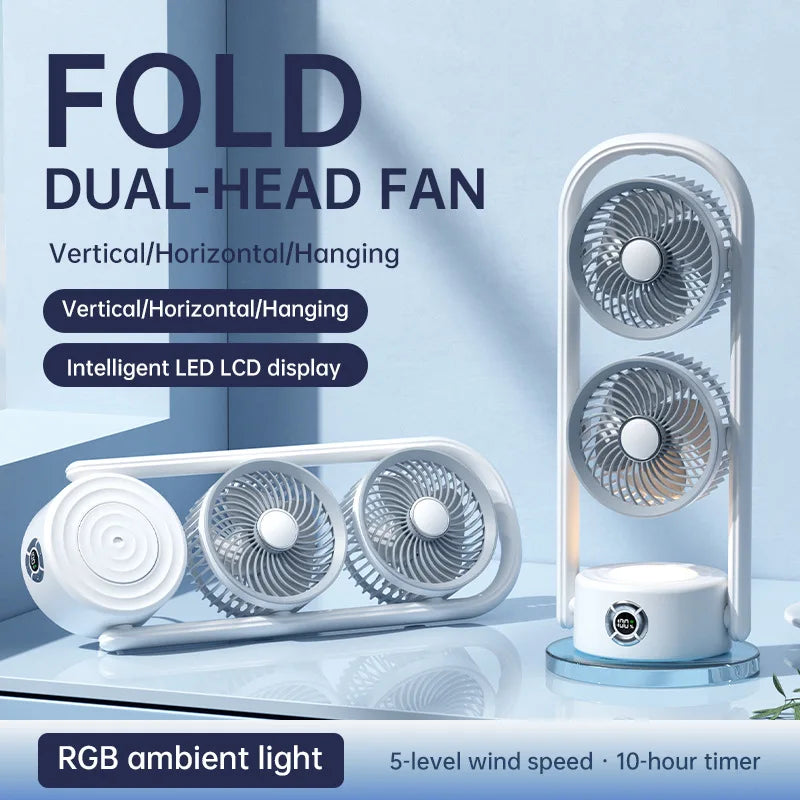 Dual Head Desktop & Wall-Mount Fan with Night Light Display