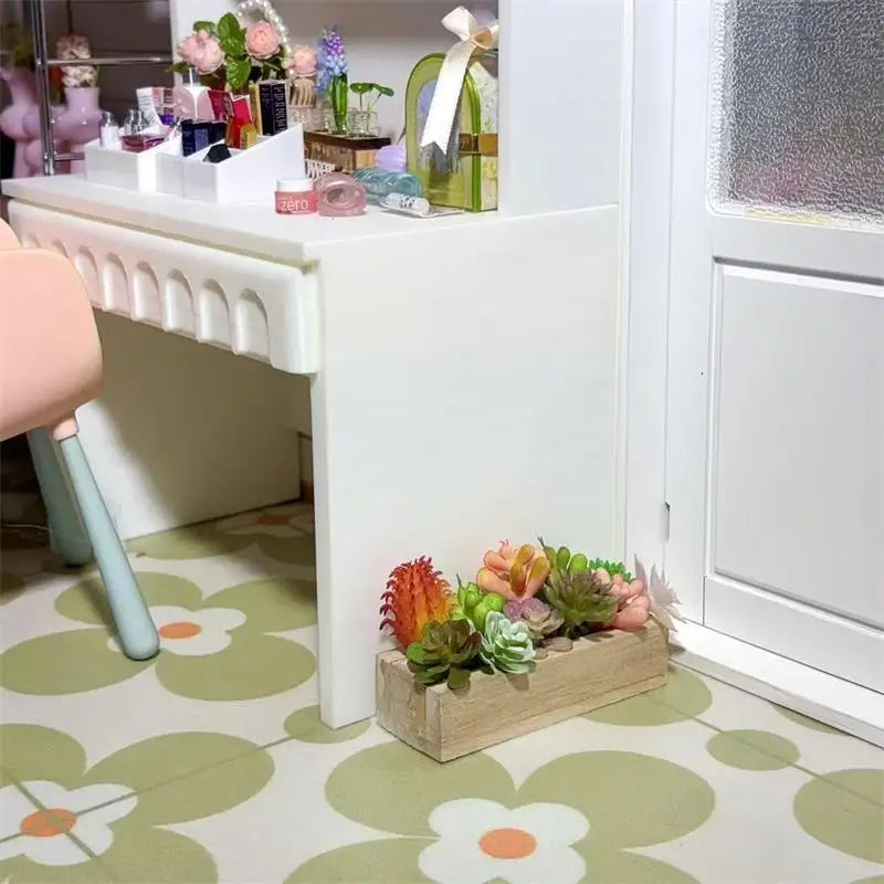 Random One Dollhouse Miniature Succulent Wooden Trough Green Plant Pot Model Micro Landscape Decor Ornaments Pretend Play Toys Oasis Select