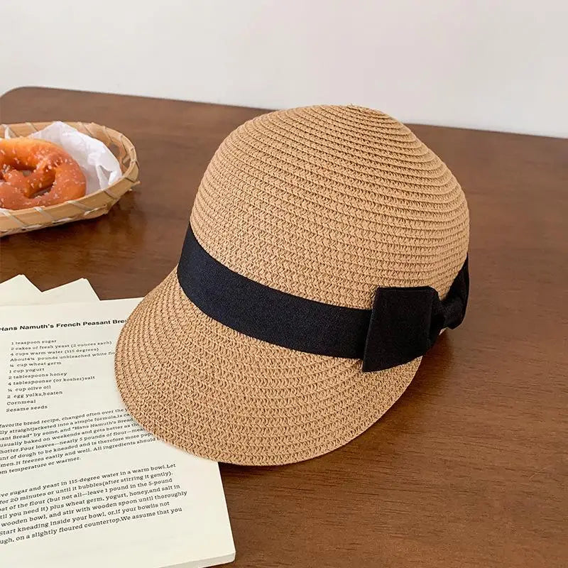 Women's Summer Straw Hat French Flat Top Vintage Bow Sun Visor Cap For Outdoor Travel Beach Vacation Sunscreen Headwear Oasis Select Khaki
