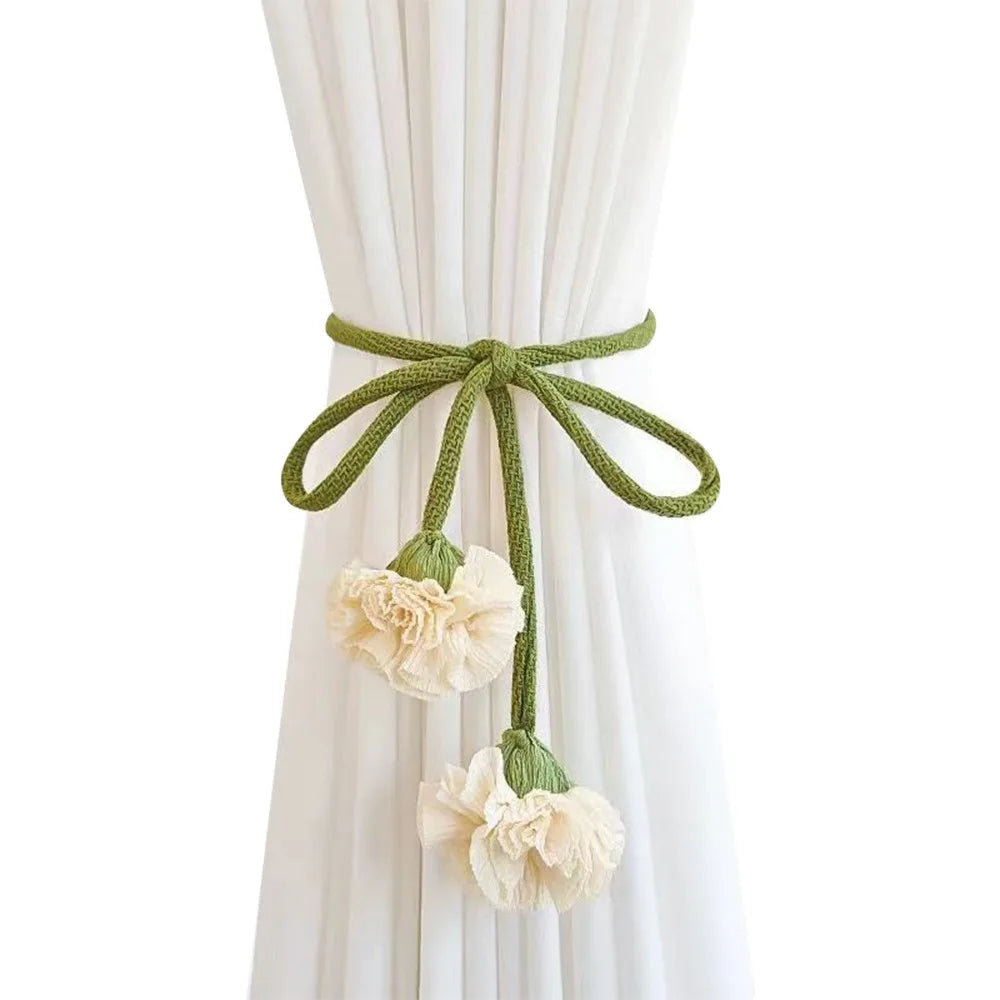 Elastic Band Curtain Tieback No Punching Adjustable Window Curtain Buckles Flower Shape Tassels Curtain Rope Holders Living Room Oasis Select Beige